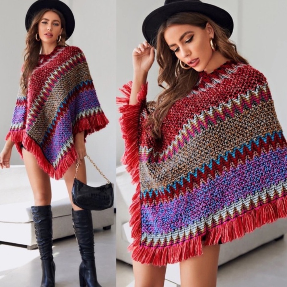 Fringe Hem multi color Sweater Poncho - TAN - Picture 2 of 12